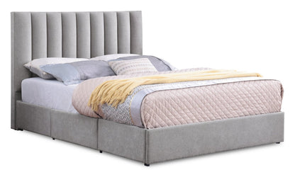 Base de lit de rangement Amos rembourrée en tissu gris avec 3 tiroirs intégrés - format très grand lit