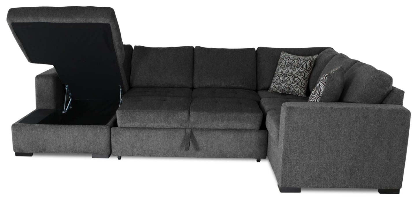 Fabriqué au Canada, sectionnel convertible Legend 4 pièces en tissu chenille avec chaise longue de rangement - gris poivre