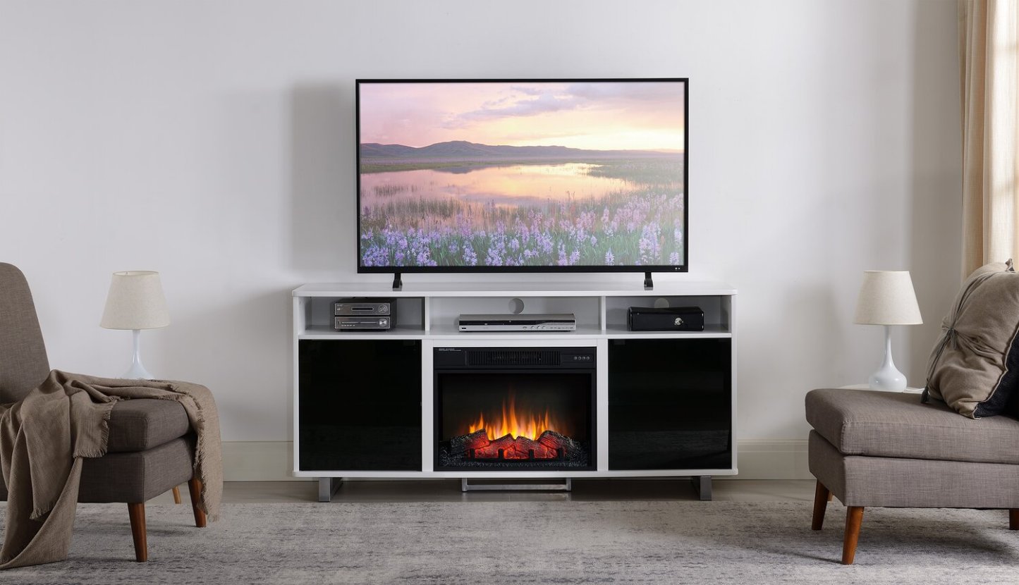 Ignatius 64 Meuble TV avec foyer électrique moderne avec rangement et gestion des câbles pour téléviseurs jusqu'à 70- |Meuble pour téléviseur moderne Ignatius de 64 po avec foyer électrique, rangement et système de gestion