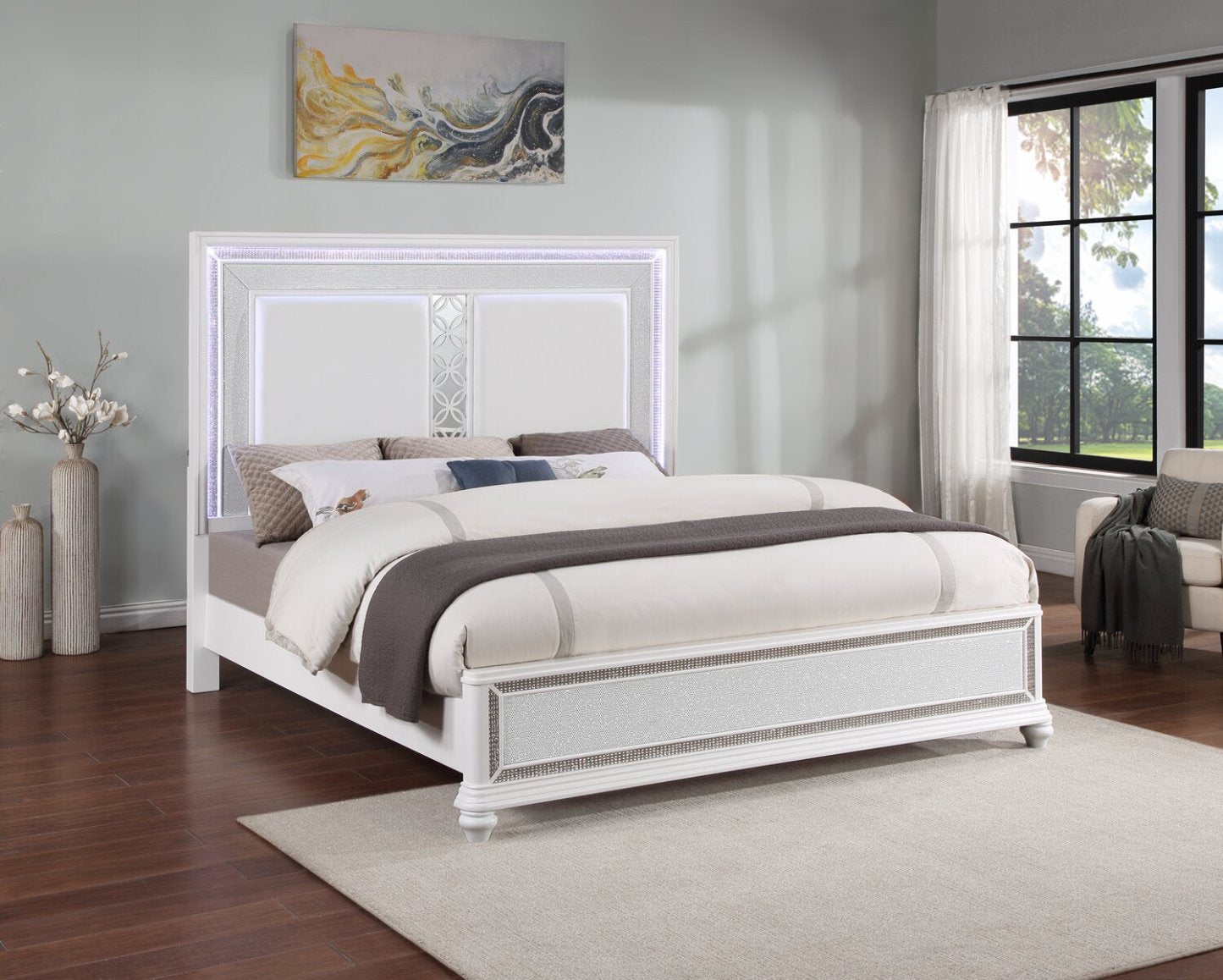 Lit à panneau Ava avec tête de lit et cadre, LED, Glam, blanc - Taille King