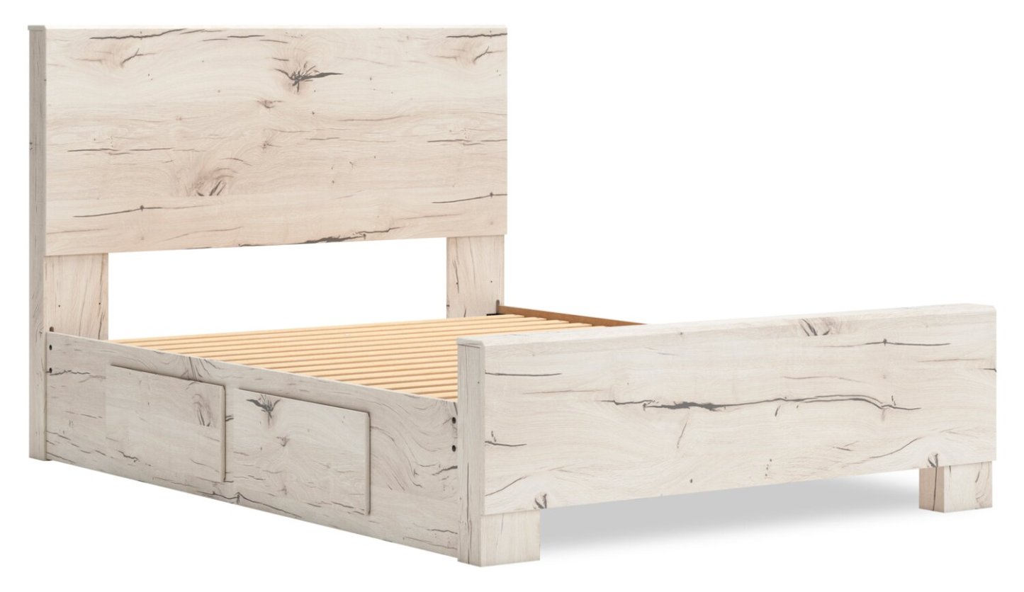 Lit de rangement Derekson blanc rustique avec 2 tiroirs latéraux intégrés - format grand lit | Derekson Storage Bed with 2 Built-In Side Drawers, Rustic White - Queen Size