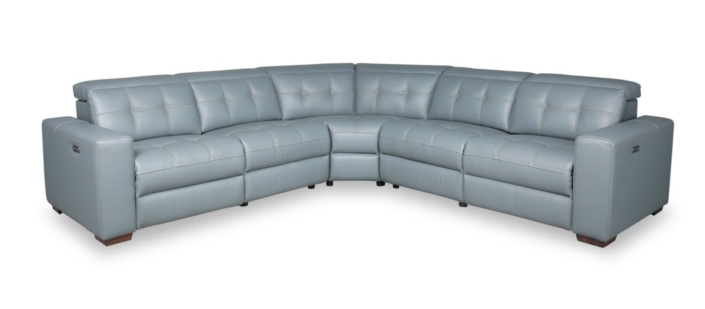 Sofa sectionnel à inclinaison électrique Geneva 3 pièces en cuir véritable avec appuie-têtes électriques et port USB - bleu piscine