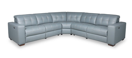 Sofa sectionnel à inclinaison électrique Geneva 3 pièces en cuir véritable avec appuie-têtes électriques et port USB - bleu piscine