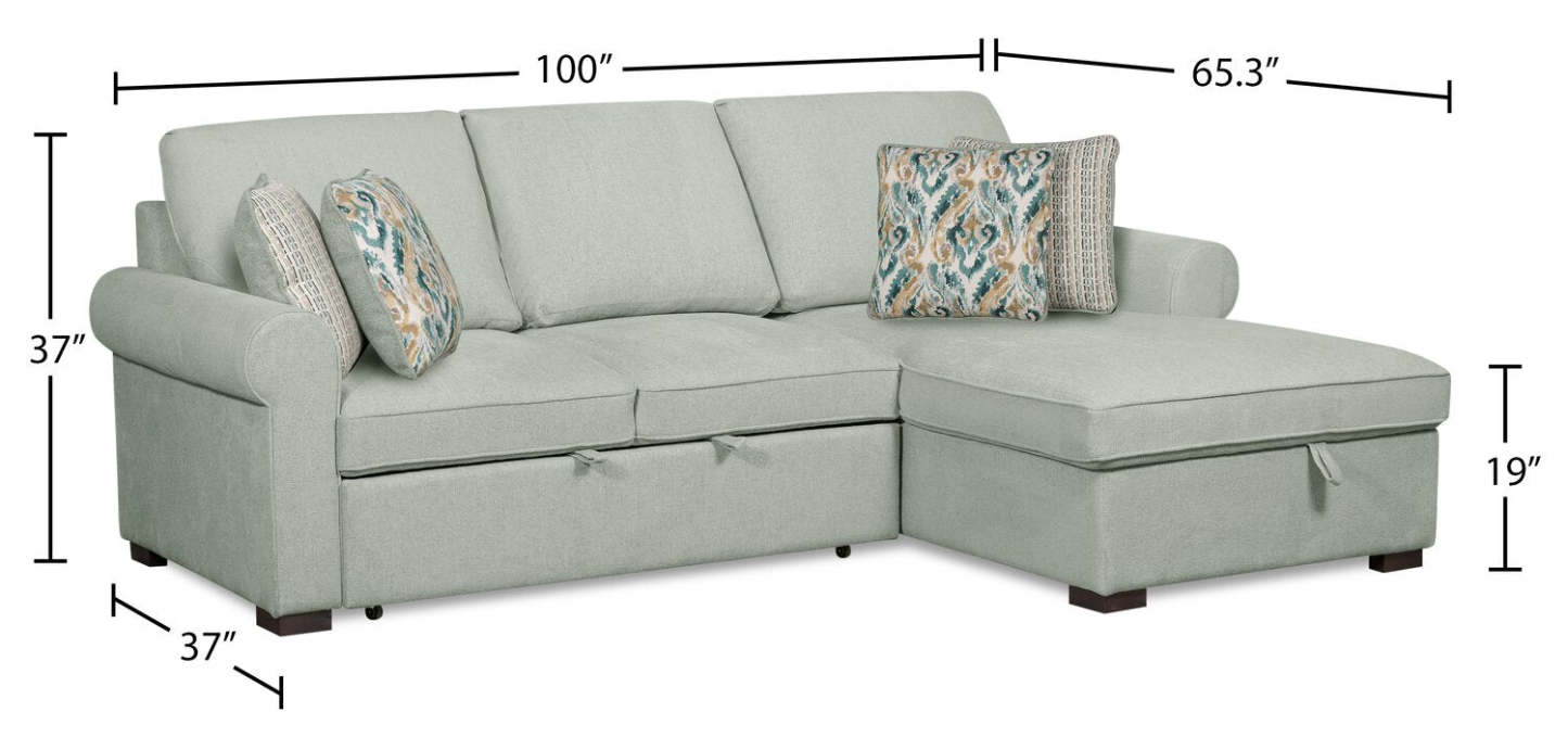 Scott Living Haven 2-Piece Right-Facing Chenille Fabric Sleeper Sectional with Storage Chaise - bleu écume de mer | Sofa-lit sectionnel de droite Haven de Scott Living 2 pièces en tissu de chenille avec fauteuil long de rangement - bleu écume de mer