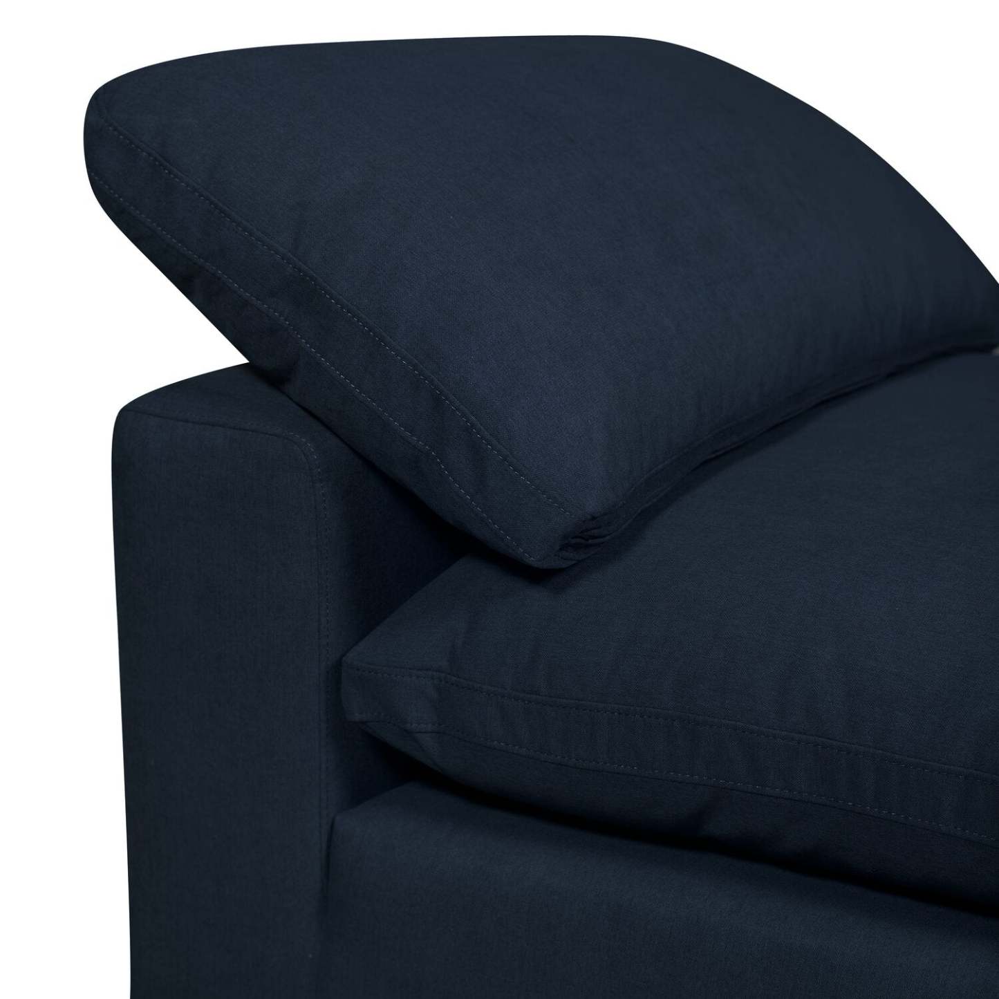 Sofa sectionnel modulaire Eclipse 6 pièces en tissu d’apparence lin avec poufs et coussins réversibles en duvet et plumes - bleu marine