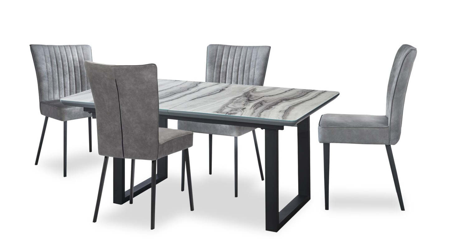 Ensemble de salle à manger Ezra 5 pièces avec table d'extension 63-79 W et 4 chaises - Faux marbre blanc et gris | Ensemble de salle à manger Ezra 5 pièces avec table extensible de 63 po à 79 po (L) et 4 chaises - imitation de marbre blanc et gris