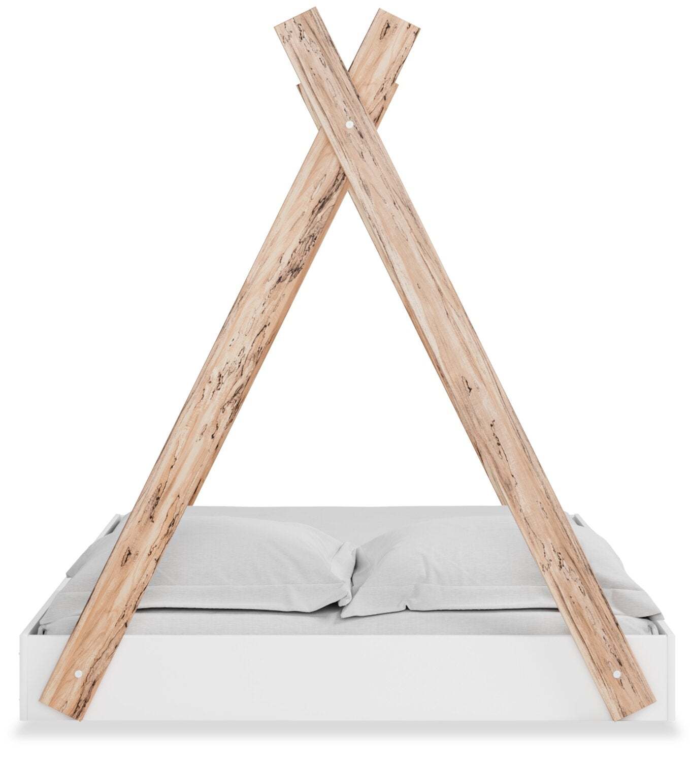 Lit de tente plateforme Wolf pour enfants, bicolore blanc et naturel - Pleine grandeur | Lit Wolf plateforme en forme de tente pour enfants, deux teintes, blanc et naturel - format lit double