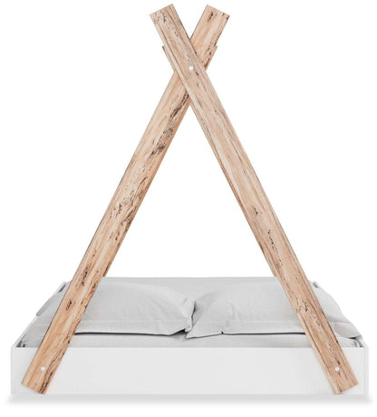 Lit de tente plateforme Wolf pour enfants, bicolore blanc et naturel - Pleine grandeur | Lit Wolf plateforme en forme de tente pour enfants, deux teintes, blanc et naturel - format lit double