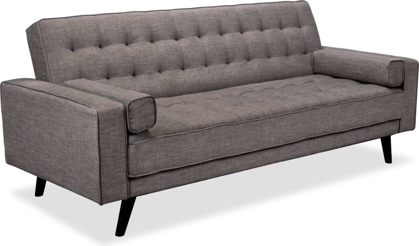 Futon Klik Klak Avery 81,5 en tissu d'apparence lin avec capitonnage et deux oreillers d'accoudoir - Gris | Futon Avery de 81,5 po en tissu d'apparence lin avec mécanisme Klik Klak, capitonnage et deux accoudoirs coussinés - gris