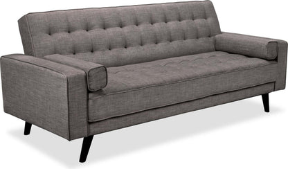 Futon Klik Klak Avery 81,5 en tissu d'apparence lin avec capitonnage et deux oreillers d'accoudoir - Gris | Futon Avery de 81,5 po en tissu d'apparence lin avec mécanisme Klik Klak, capitonnage et deux accoudoirs coussinés - gris