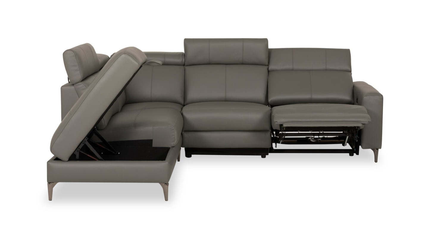 Sofa sectionnel de gauche à inclinaison électrique Valentino 3 pièces en cuir véritable avec appuie-têtes réglables - gris