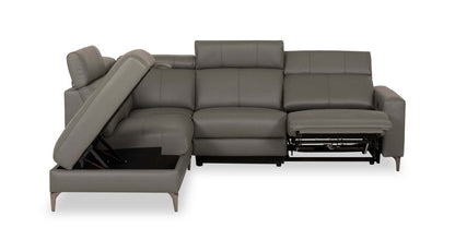 Sofa sectionnel de gauche à inclinaison électrique Valentino 3 pièces en cuir véritable avec appuie-têtes réglables - gris