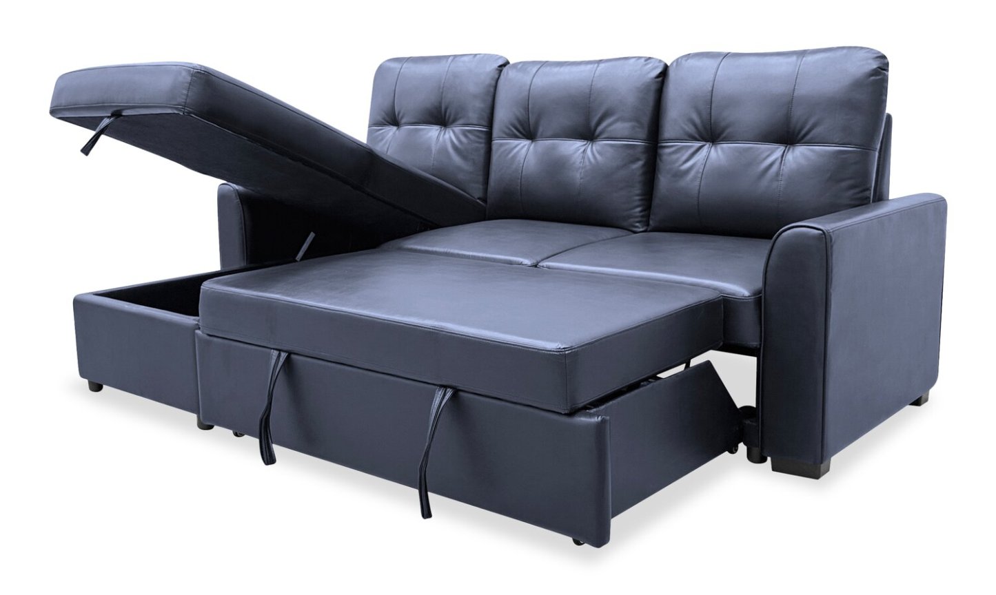 Carter 2-Piece Left-Facing Leather-Look Fabric Sleeper Sectional with Storage Chaise - Black | Canapé-lit sectionnel gauche Carter 2 pièces en tissu d’apparence cuir avec chaise longue de rangement - noir