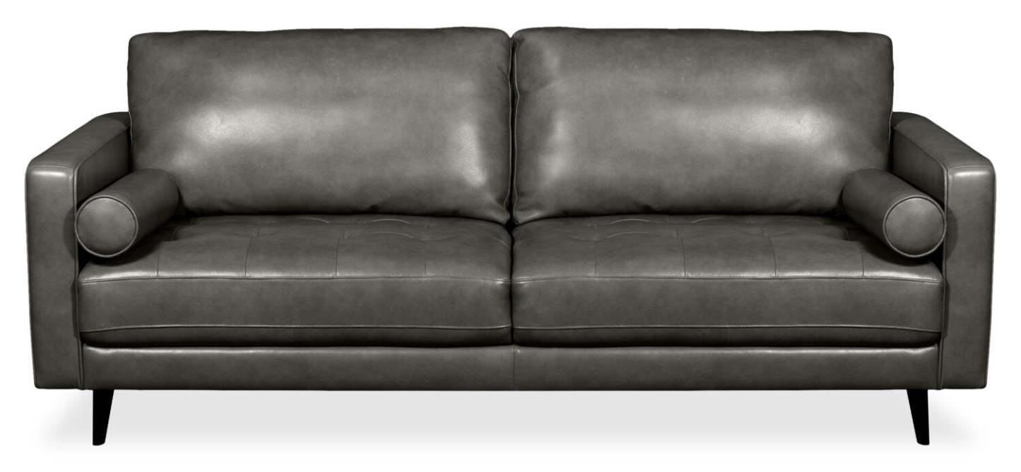 Edge 86 Canapé en cuir véritable avec pattes en bois et coussins de dossier amovibles - Gris | Canapé Edge de 86 po en cuir véritable avec pattes en bois et coussins de dossier amovibles - gris