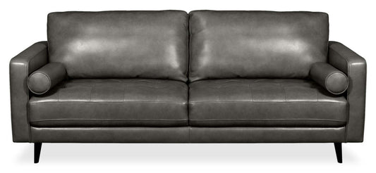 Edge 86 Canapé en cuir véritable avec pattes en bois et coussins de dossier amovibles - Gris | Canapé Edge de 86 po en cuir véritable avec pattes en bois et coussins de dossier amovibles - gris