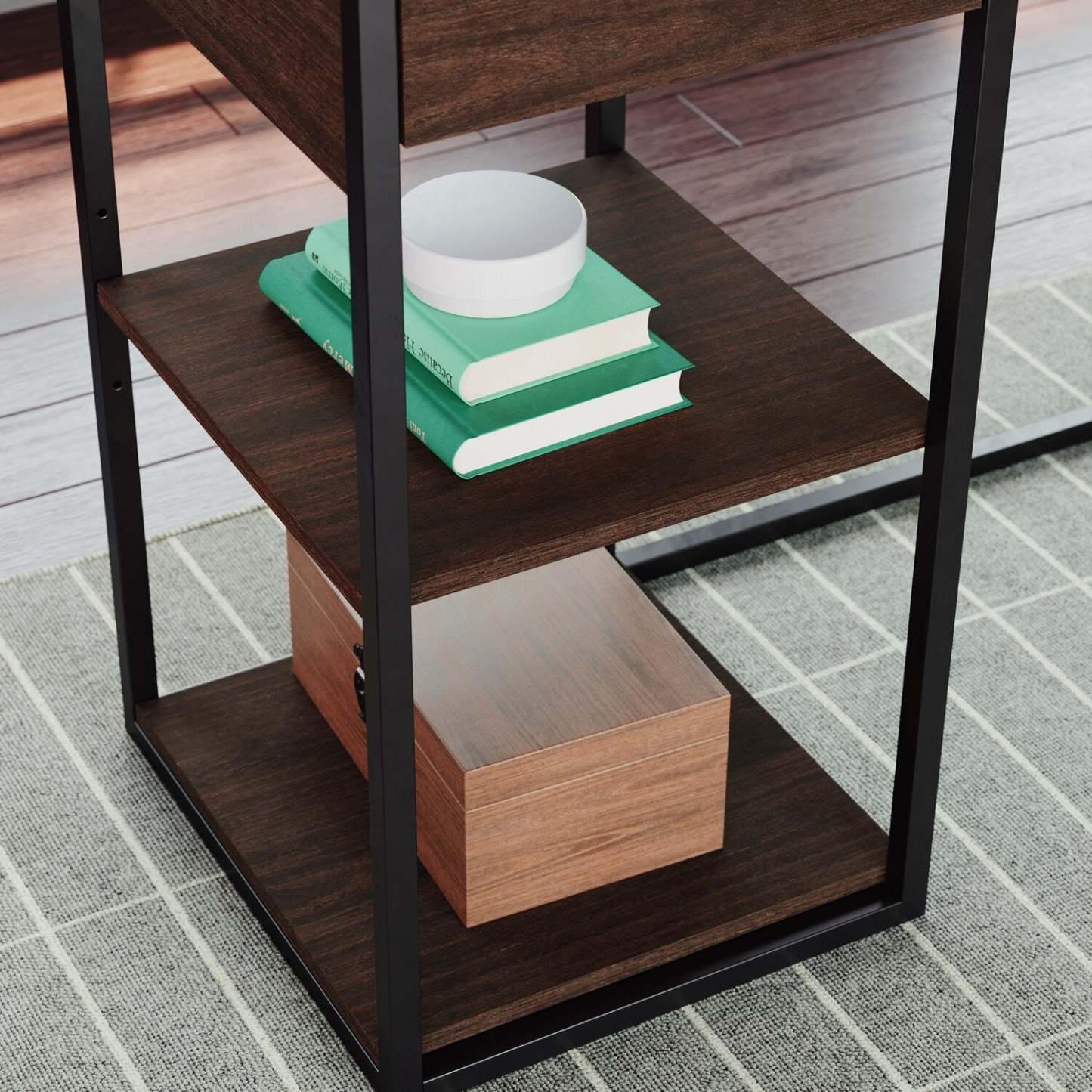 Bureau en forme de L Maxim de 65,98 po à 2 tiroirs avec compartiments ouverts et tablettes - bois terre d’ombre