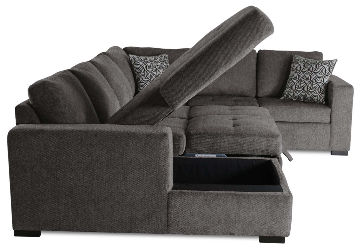 Made in Canada Legend 4-Piece Left-Facing Chenille Fabric Sleeper Sectional with Storage Chaise - Pewter Brown | Canapé-lit sectionnel de gauche Legend 4 pièces fabriqué au Canada en tissu de chenille avec chaise longue de rangement - brun étain