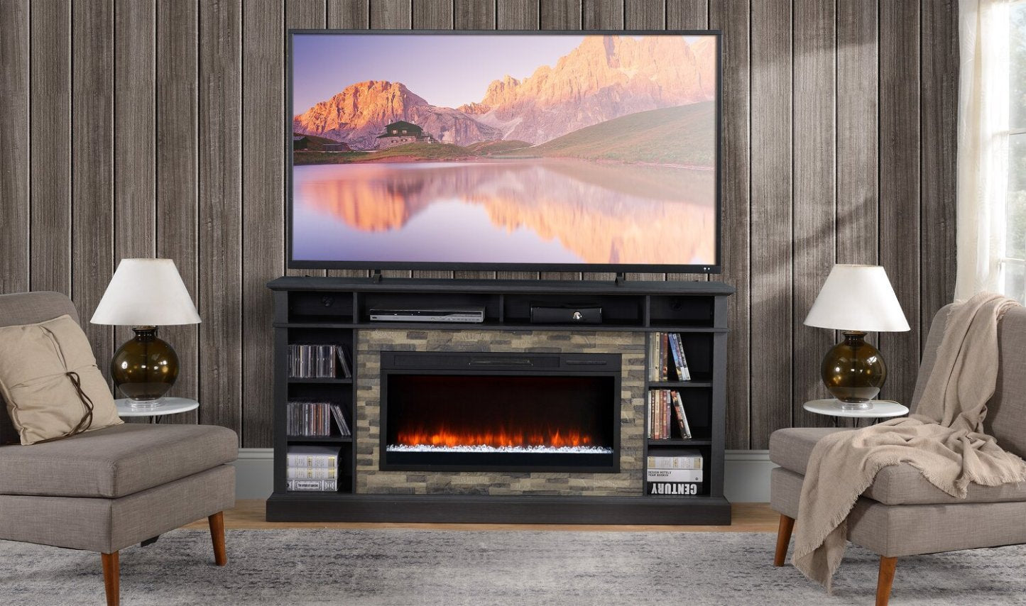 Meuble pour téléviseur Lappland de 70 po avec foyer électrique, rangement et système de gestion des câbles pour téléviseurs jusqu’à 80 po - noir