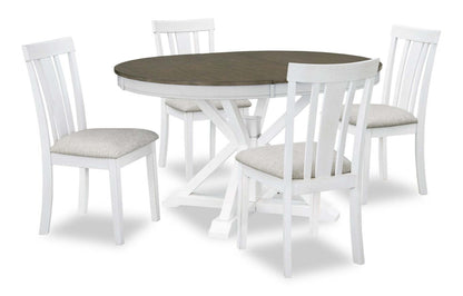 Ensemble de salle à manger Brook 5 pièces avec table et 4 chaises, extension 42-54 W, rond - Blanc/Marron | Ensemble de salle à manger Brook 5 pièces avec table ronde, rallonge de 42 po à 54 po (L) et 4 chaises - blanc et brun