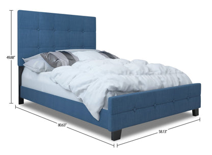 Page Lit rembourré en tissu d'apparence lin bleu, capitonné avec boutons - Pleine grandeur | Lit rembourré Page en tissu d'apparence lin bleu avec capitonnage à boutons - format lit double