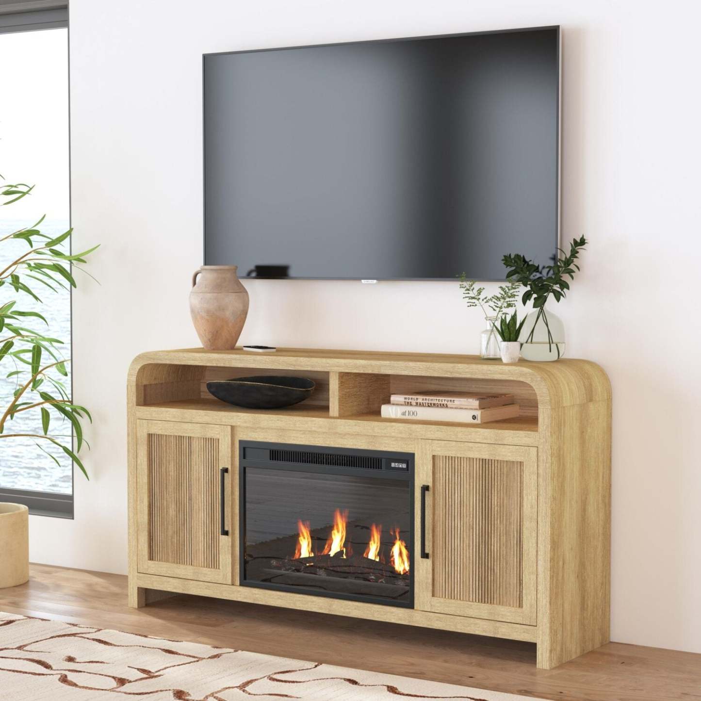 Scott Living Lenore 60 Cheminée électrique meuble TV avec rangement - Naturel | Meuble pour téléviseur Scott Living Lenore de 60 po avec foyer électrique et rangement - naturel | LENNTFIR