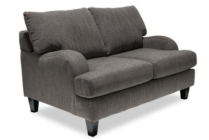 Made in Canada Nofia 58 Chenille Fabric Loveseat with Two Accent Pillows and Wood Legs - Charcoal Grey | Causeuse Nofia de 58 po fabriquée au Canada en tissu de chenille avec 2 coussins décoratifs et pattes en bois - gris anthracite