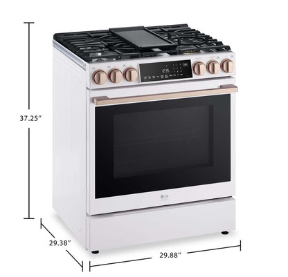 LG Studio 6,3 pi3 Cuisinière à gaz intelligente InstaViewMD avec friture à air - essence blanche - LSGS6338N | Cuisinière à gaz intelligente LG Studio de 6,3 pi3 avec hublot InstaViewMD et friture à air - essence blanche - LSGS6338N | LSGS6338