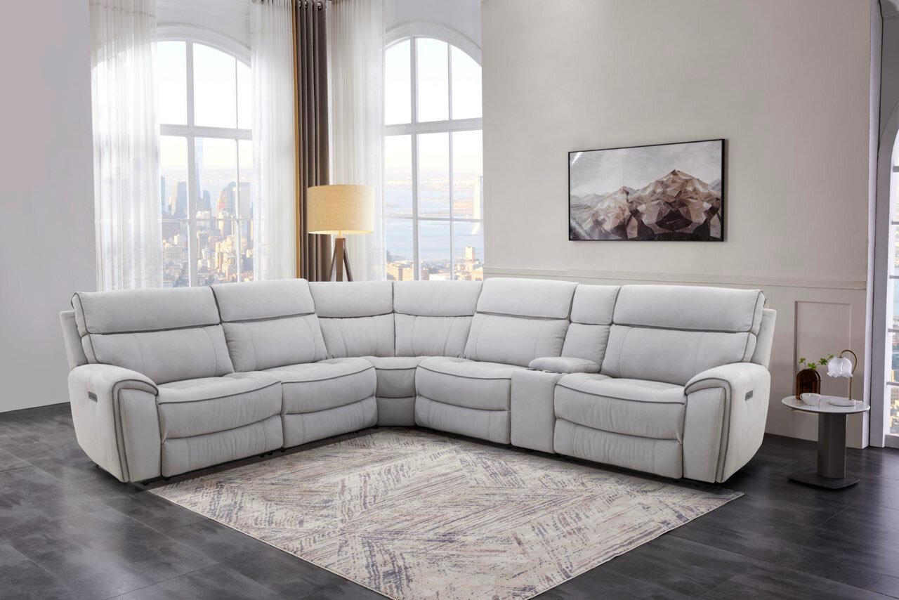 Cindy Crawford Home Newport 6-Piece Faux Suede Power Reclining Sectional with Armless Reclining Chair - Grey | Sofa sectionnel à inclinaison électrique Newport de Cindy Crawford Home 6 pièces en suédine avec fauteuil inclinable sans accoudoirs - gris