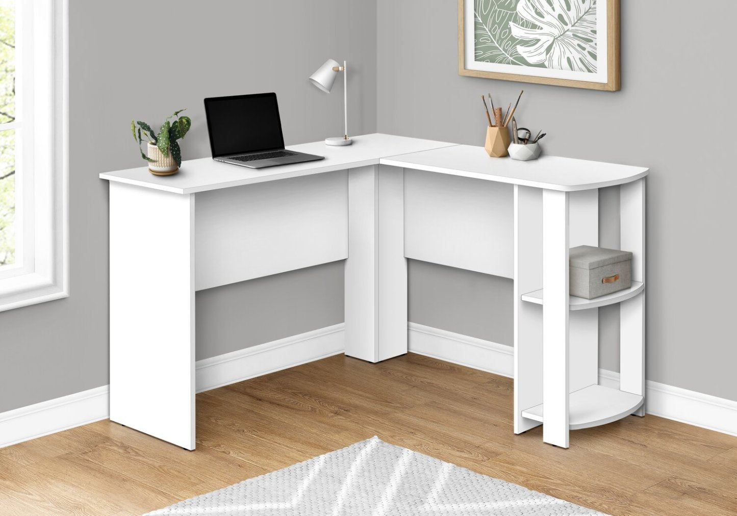 Bureau en forme de L Eason 47 avec étagère - Blanc|Bureau en forme de L Eason de 47 po avec tablette - blanc