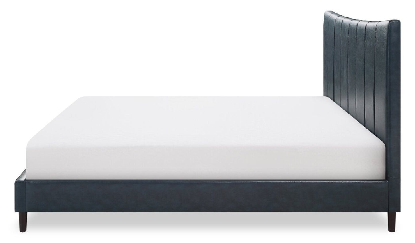 Lit plateforme Paseo en tissu de cuir végétalien bleu marine - King Size | Lit plateforme rembourré Paseo en tissu de cuir végétalien bleu marine - format très grand lit
