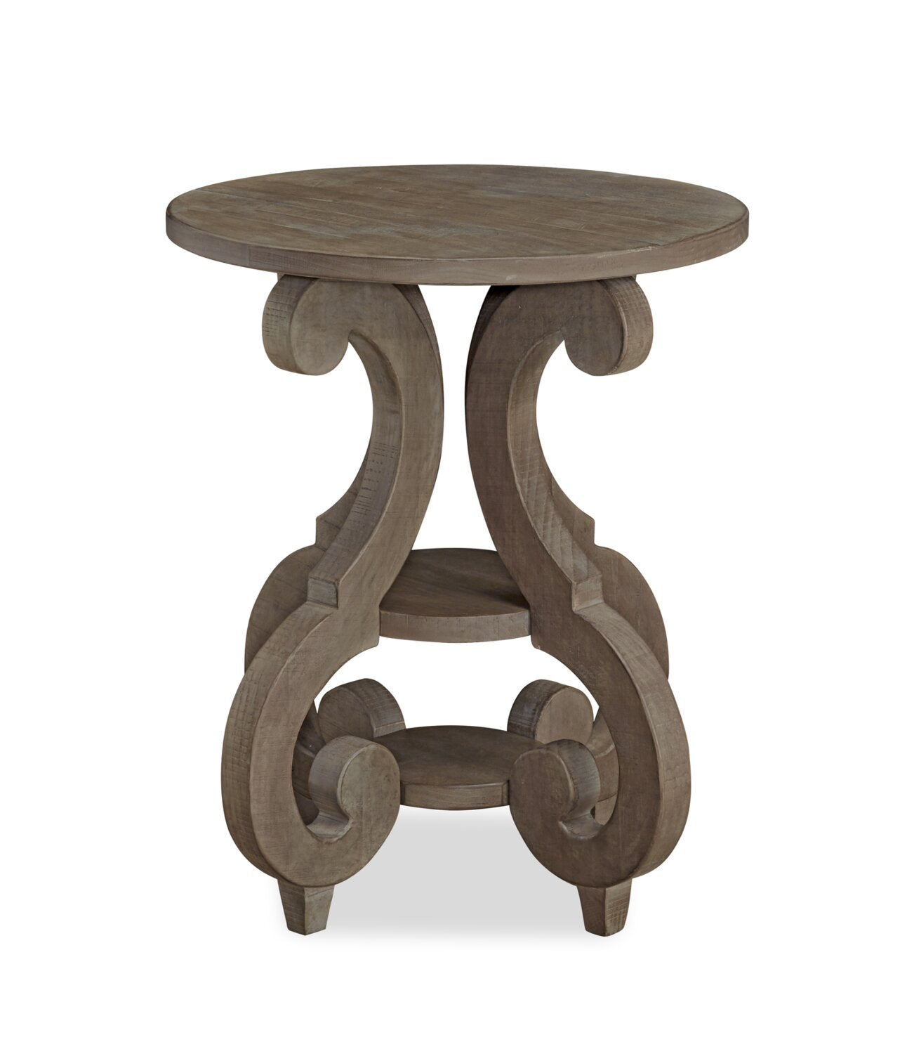Table de bout ronde traditionnelle Tinley Park de 22 po avec tablette - pin gris-brun avec base à volutes