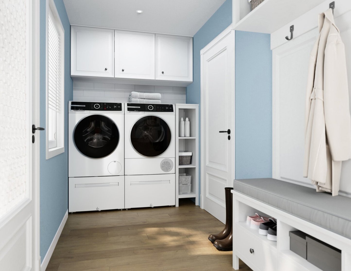 Bosch 500 Series 2,4 pi³ Laveuse à chargement frontal et 4 pi³ Sécheuse avec pompe à chaleur | Laveuse à chargement frontal de 2,4 pi³ et sécheuse avec pompe à chaleur de 4 pi³ de série 500 de Bosch | BOFL2460