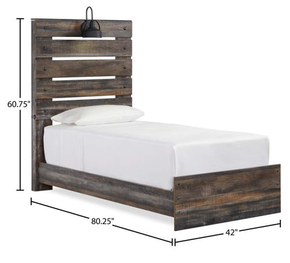 Ensemble de chambre à coucher Abby 5 pièces pour enfants avec lit à panneau, commode, miroir, lumière DEL et port USB, brun - format lit simple