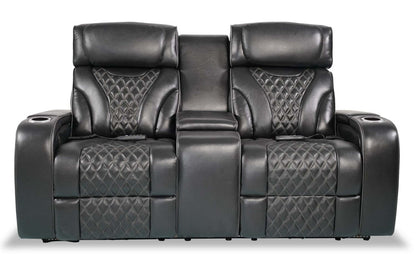 Elite 74 Genuine Leather Massage Power Reclining Loveseat with Power Headrests and Storage Arms - Black | Causeuse de massage à inclinaison électrique Elite de 74 po en cuir véritable avec appuie-têtes électriques et accoudoirs de rangement - noire