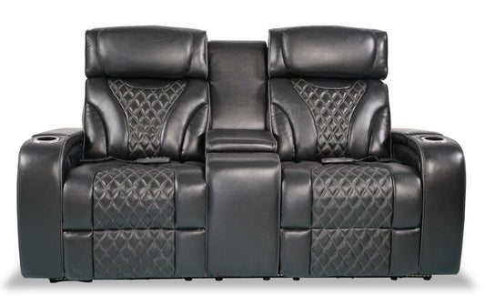 Elite 74 Genuine Leather Massage Power Reclining Loveseat with Power Headrests and Storage Arms - Black | Causeuse de massage à inclinaison électrique Elite de 74 po en cuir véritable avec appuie-têtes électriques et accoudoirs de rangement - noire