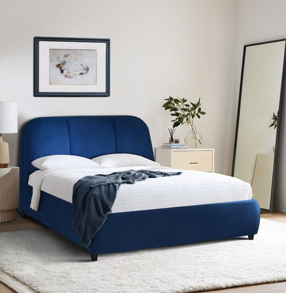 Lit plateforme rembourré Mave en tissu de velours bleu - format grand lit | Mave Upholstered Platform Bed in Blue Velvet Fabric - Queen Size