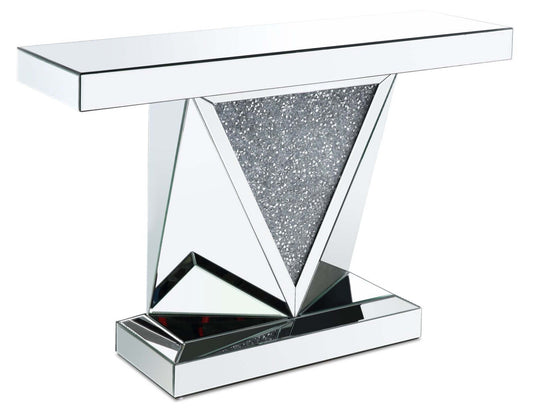 Rosie 47.5 Glam Mirror &amp; Glass Top Sofa Table - Silver Metal with Diamond Look Legs|Table de salon somptueuse Rosie de 47,5 po avec dessus en miroir et en verre - métal argenté avec pattes à apparence de diamant
