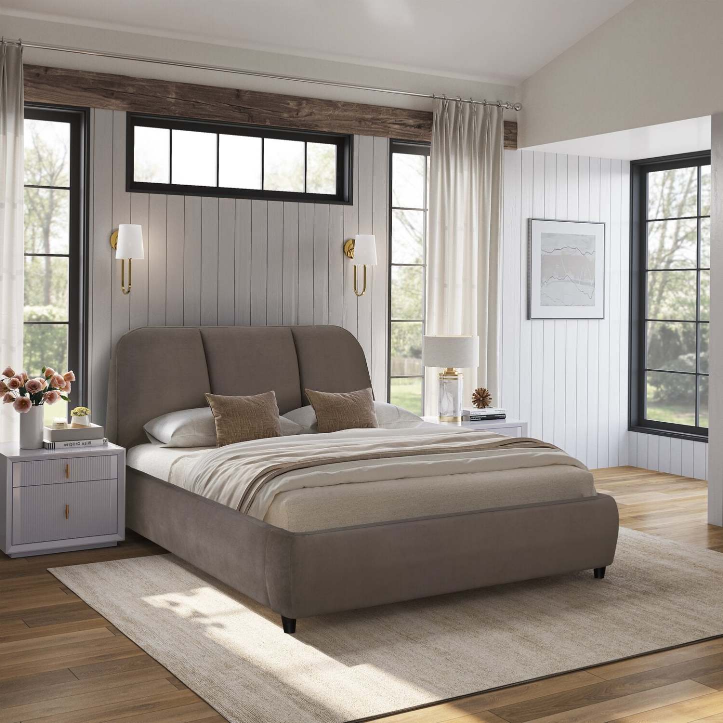 Lit plateforme rembourré Mave en tissu de velours gris - format grand lit | Lit plateforme rembourré Mave en tissu velours gris - Grand lit