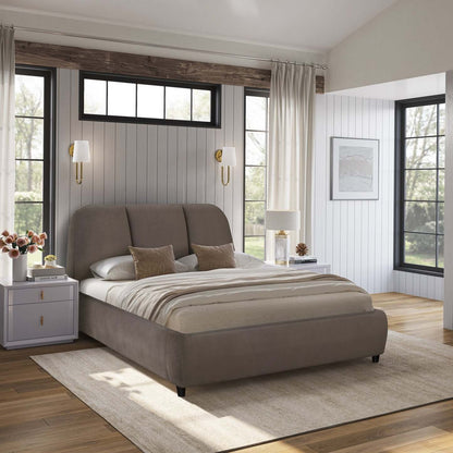 Lit plateforme rembourré Mave en tissu de velours gris - format grand lit | Lit plateforme rembourré Mave en tissu velours gris - Grand lit