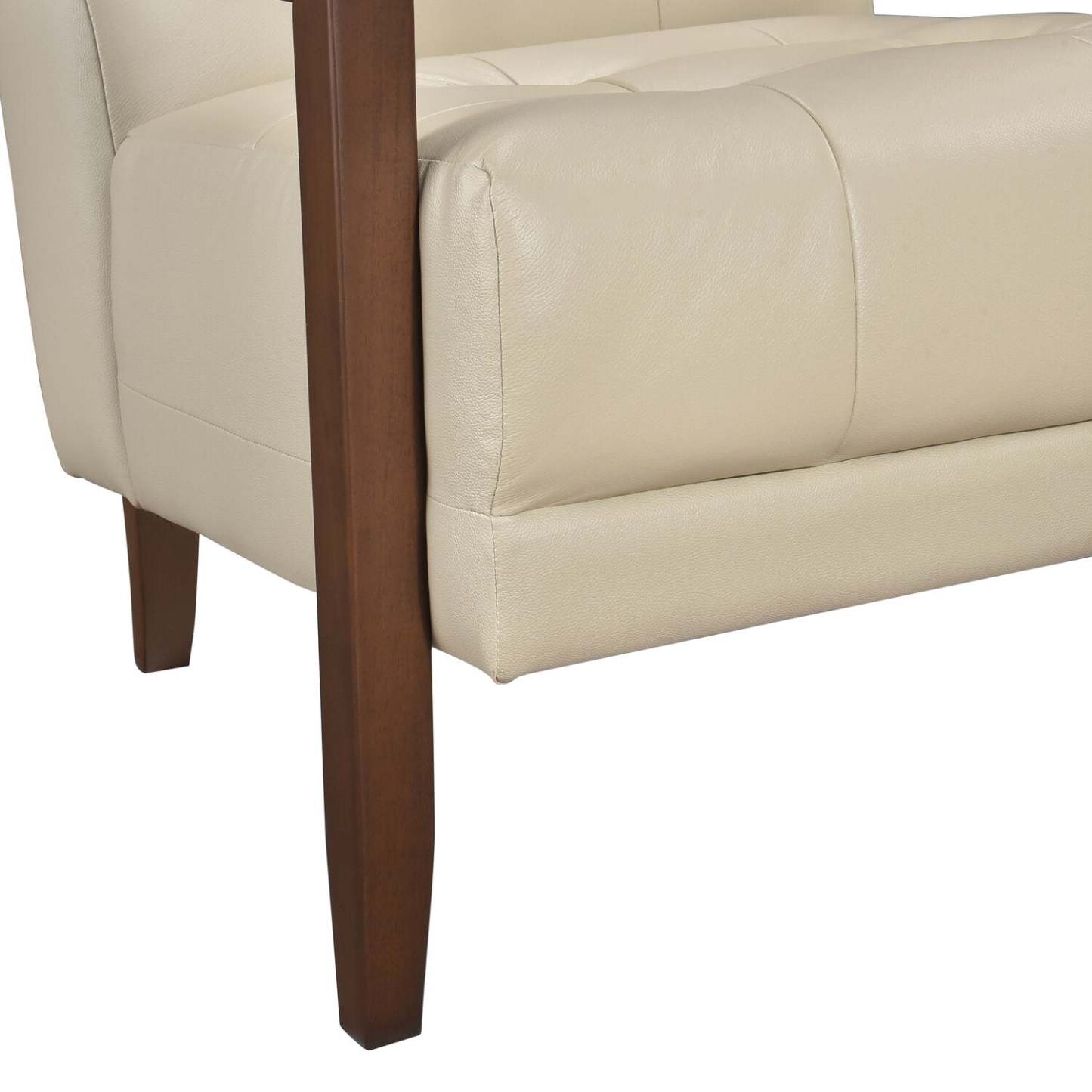 Fauteuil d'appoint Enzo 26 en cuir véritable avec capitonnage biscuit, accoudoirs sur rail et pieds en bois - Beige | Fauteuil d'appoint Enzo de 26 po en cuir avec capitonnage en véritable biscuit, accoudoirs rectilignes et pattes en bois - beige