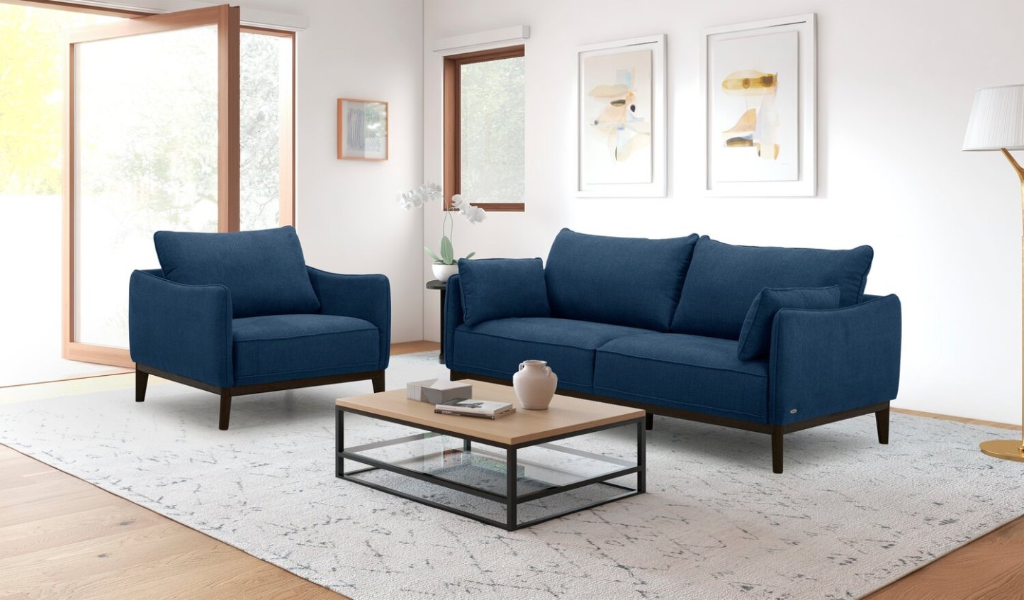 Fauteuil Gena de Cindy Crawford Home de 38,5 po en tissu d'apparence lin avec coussin de dossier amovible - bleu minuit
