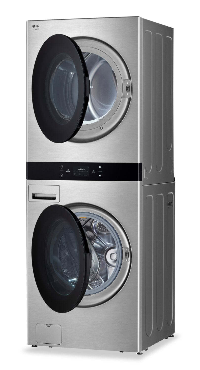 LG Studio 5.8 Washer/7.4 Dryer Cu. Ft. Front-Load High-Efficiency Steam Washtower™ - Nobel Steel - S… | Tour de lavage WashTowerMC à la vapeur haute efficacité LG Studio à chargement frontal avec laveuse …