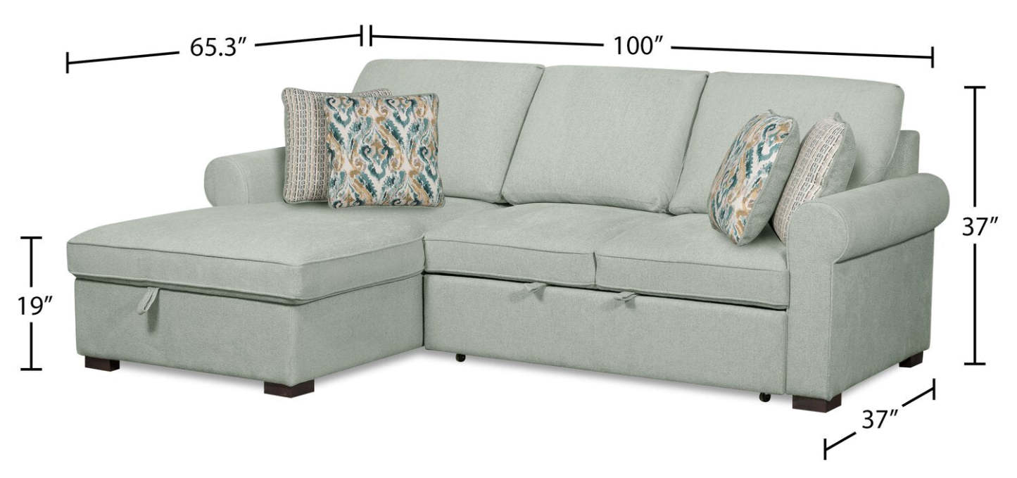 Scott Living Haven 2-Piece Left-Facing Chenille Fabric Sleeper Sectional with Storage Chaise - bleu écume de mer | Sofa-lit sectionnel de gauche Haven de Scott Living 2 pièces en tissu de chenille avec fauteuil long de rangement - bleu écume de mer