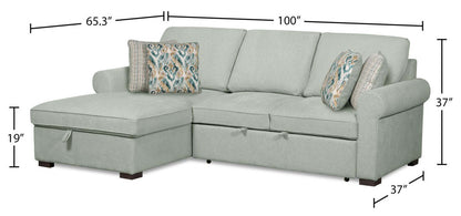 Scott Living Haven 2-Piece Left-Facing Chenille Fabric Sleeper Sectional with Storage Chaise - bleu écume de mer | Sofa-lit sectionnel de gauche Haven de Scott Living 2 pièces en tissu de chenille avec fauteuil long de rangement - bleu écume de mer