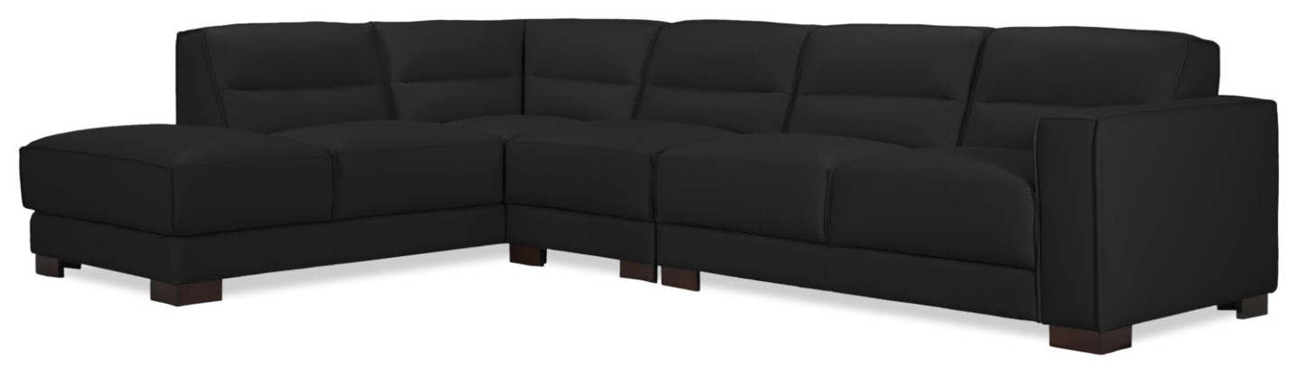 Citadel 3-Piece Left-Facing Top-Grain Genuine Leather Sectional with Wood Legs - Black | Canapé sectionnel gauche Citadel 3 pièces en cuir véritable de qualité supérieure avec pieds en bois - noir