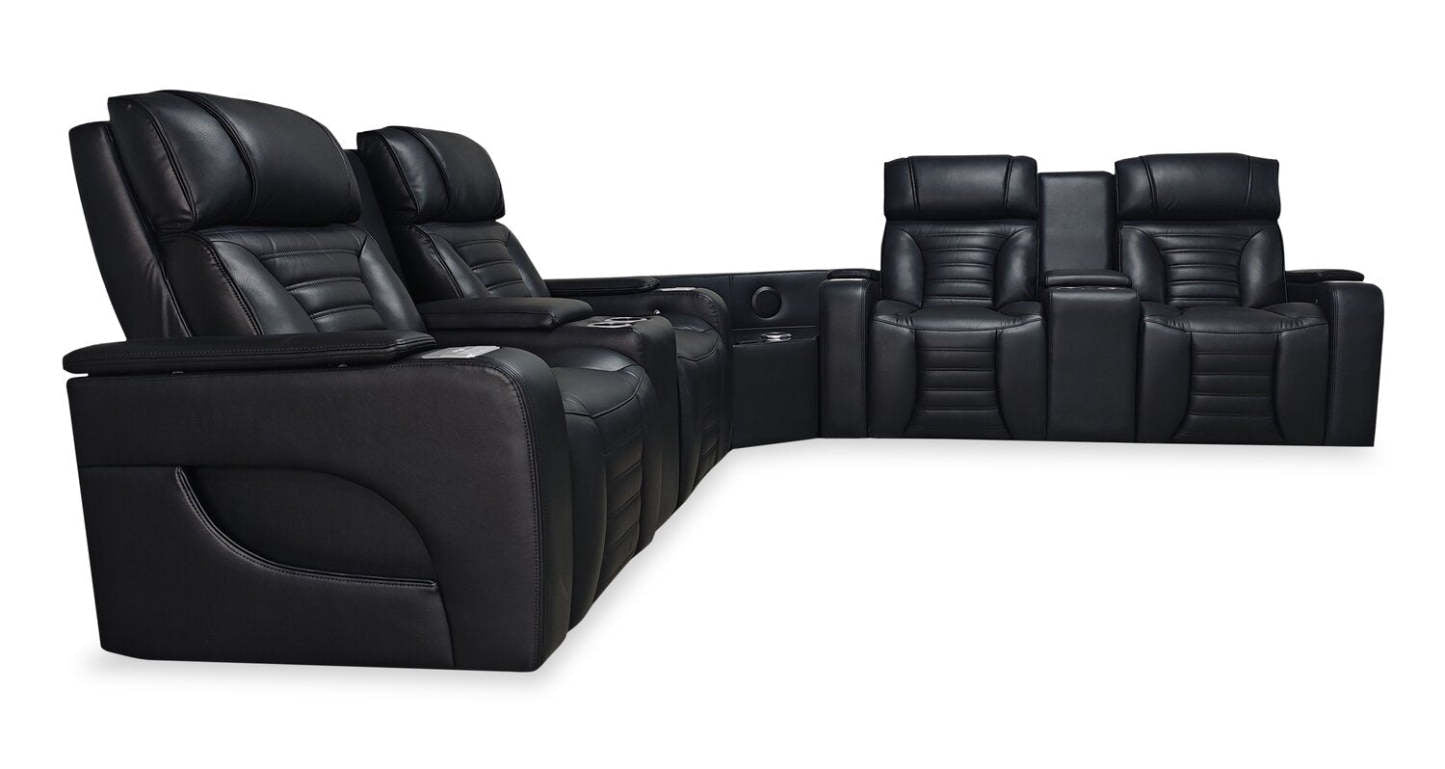 Canapé sectionnel à inclinaison électrique Zen 3 pièces en tissu d'apparence cuir avec massage et 2 consoles à compartiment réfrigéré - noir