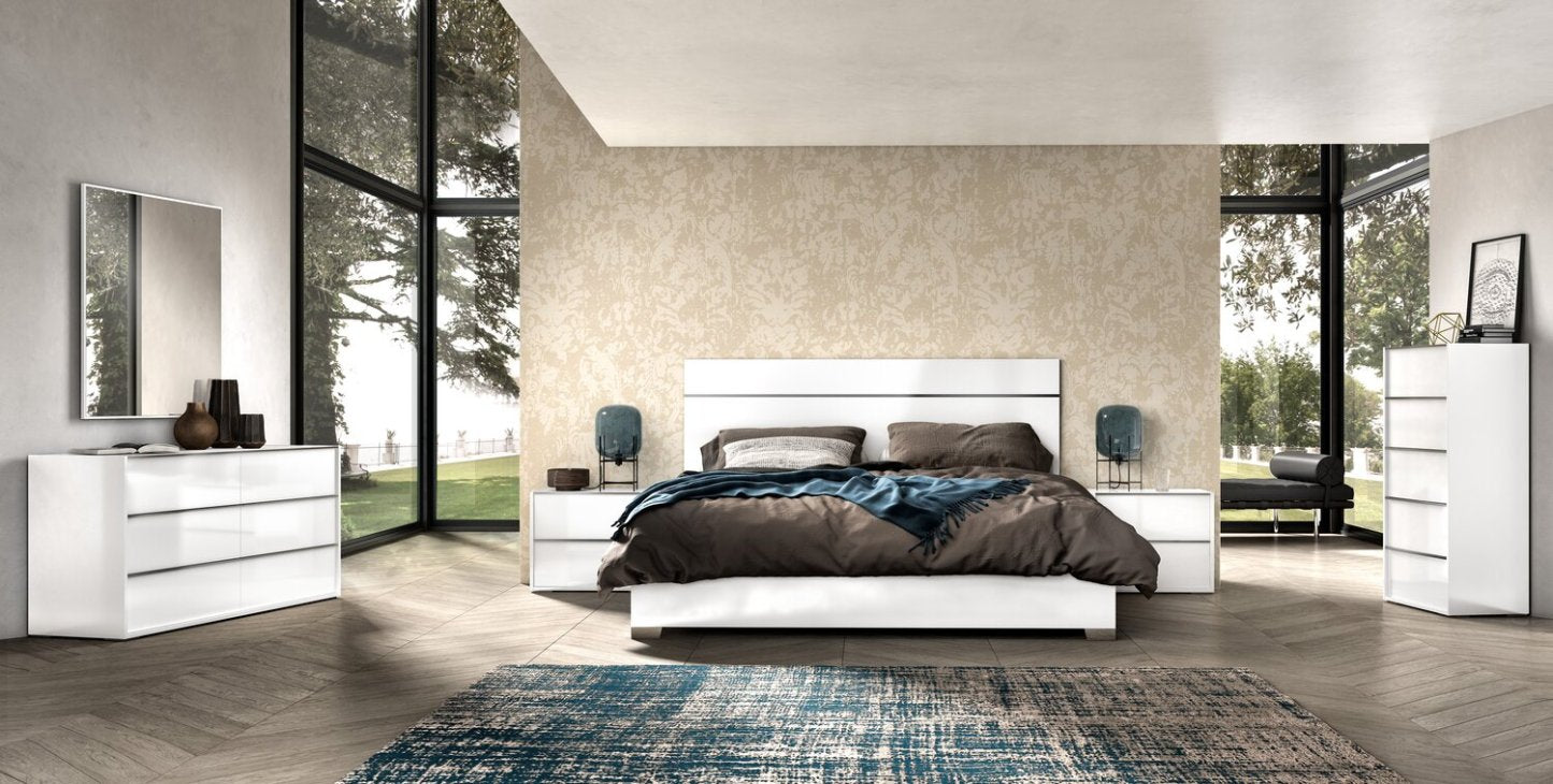 Ensemble de chambre à coucher Gino 6 pièces avec lit à panneaux, commode, miroir et table de nuit - fabriqué en Italie, moderne, blanc - taille king
