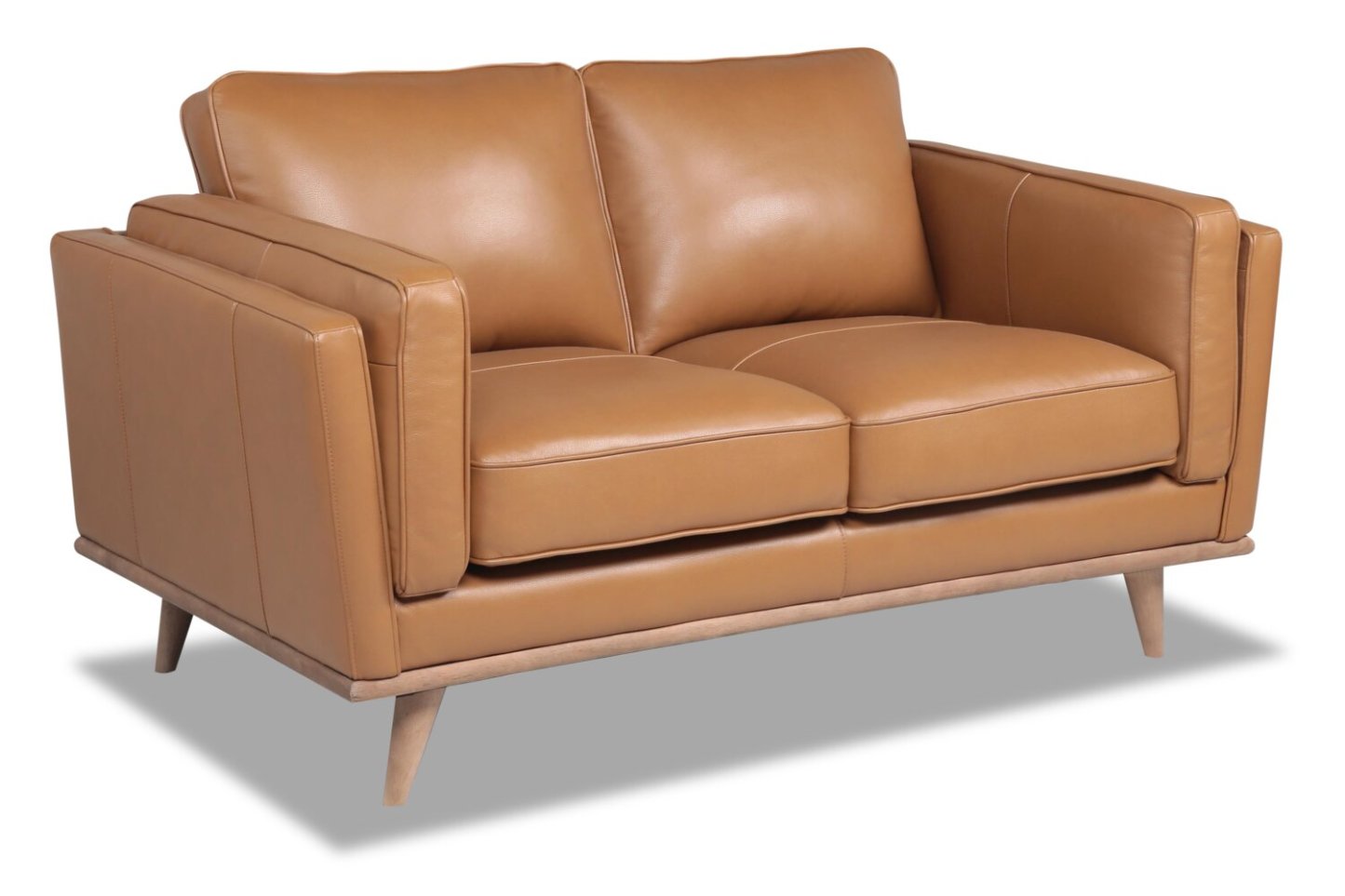 Vivia 63 Causeuse en cuir véritable avec coussins de siège amovibles et pattes en bois - brun caramel