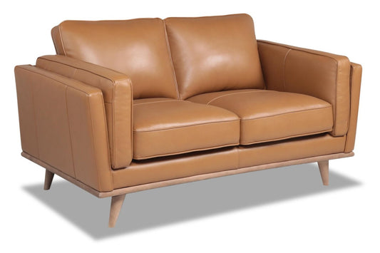 Vivia 63 Causeuse en cuir véritable avec coussins de siège amovibles et pattes en bois - brun caramel