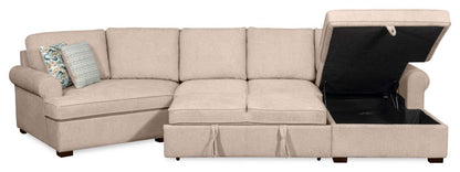 Scott Living Haven 3-Piece Left-Facing Chenille Fabric Cuddler Sleeper Sectional with Storage - Taupe | Canapé-lit sectionnel enveloppant de gauche Haven de Scott Living 3 pièces en tissu de chenille avec rangement - taupe